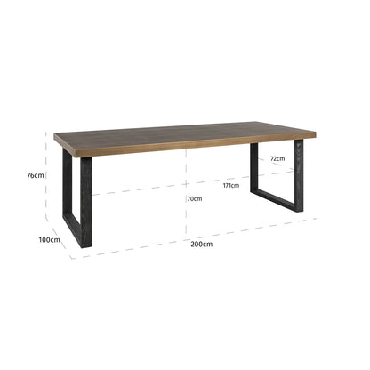 Eettafel Bloomville goud ijzer 200 cm, maatvoering met afmetingen