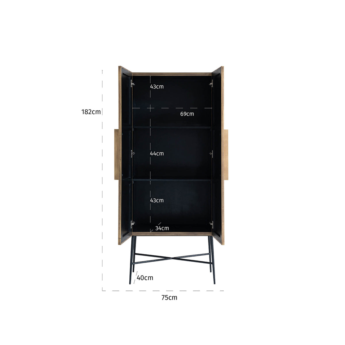 Wandkast Ironville 182 cm hoog goud, maatvoering met afmetingen