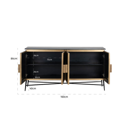 Dressoir Ironville zwart en goud marmer, maatvoering met afmetingen