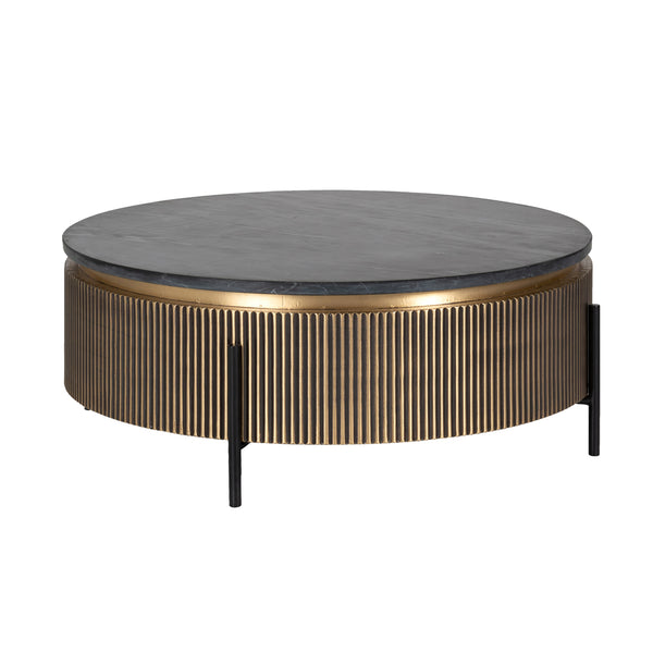 Salontafel Ironville rond zwart/goud  marmer, vooraanzicht op witte achtergrond