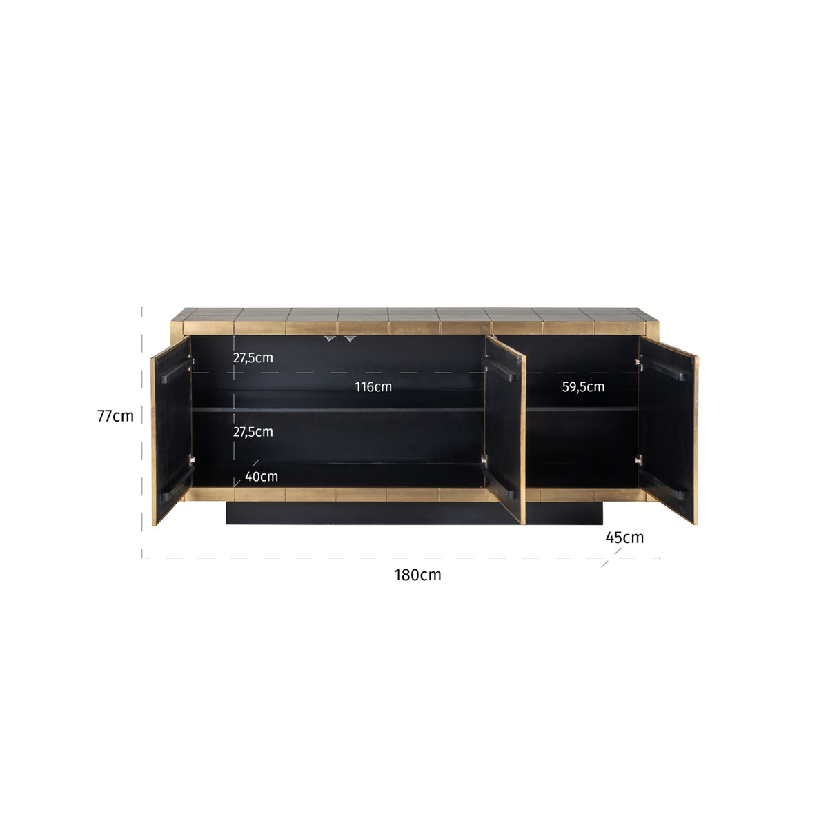 Dressoir Collada brushed gold, maatvoering met afmetingen