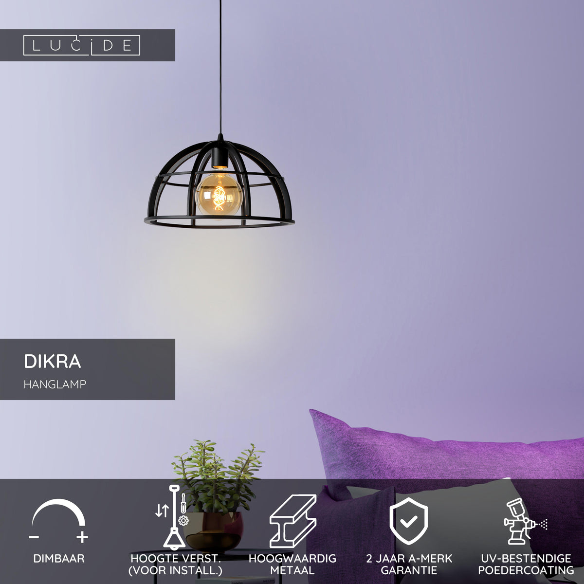 Hanglamp Dikra zwart metaal, vooraanzicht in een interieur