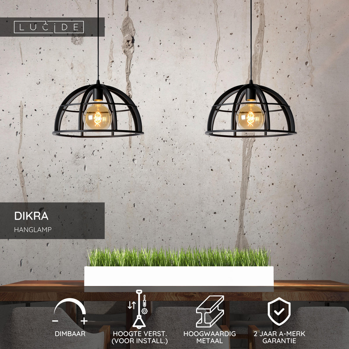 Hanglamp Dikra zwart metaal, vooraanzicht in een interieur
