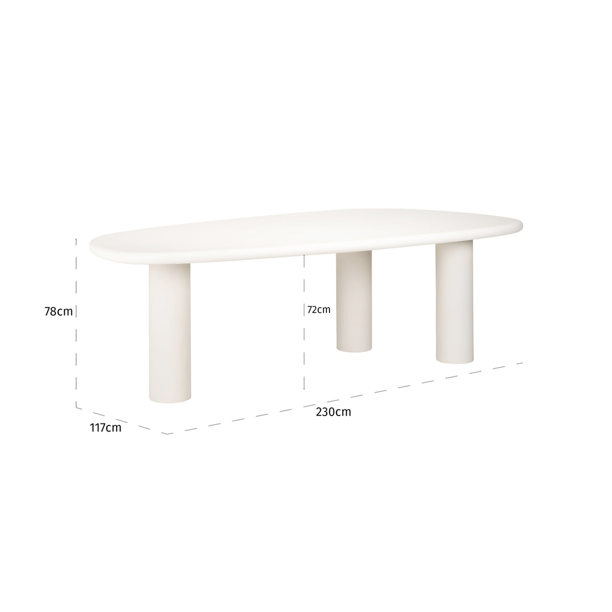 Eettafel Bloomstone organisch, maatvoering met afmetingen