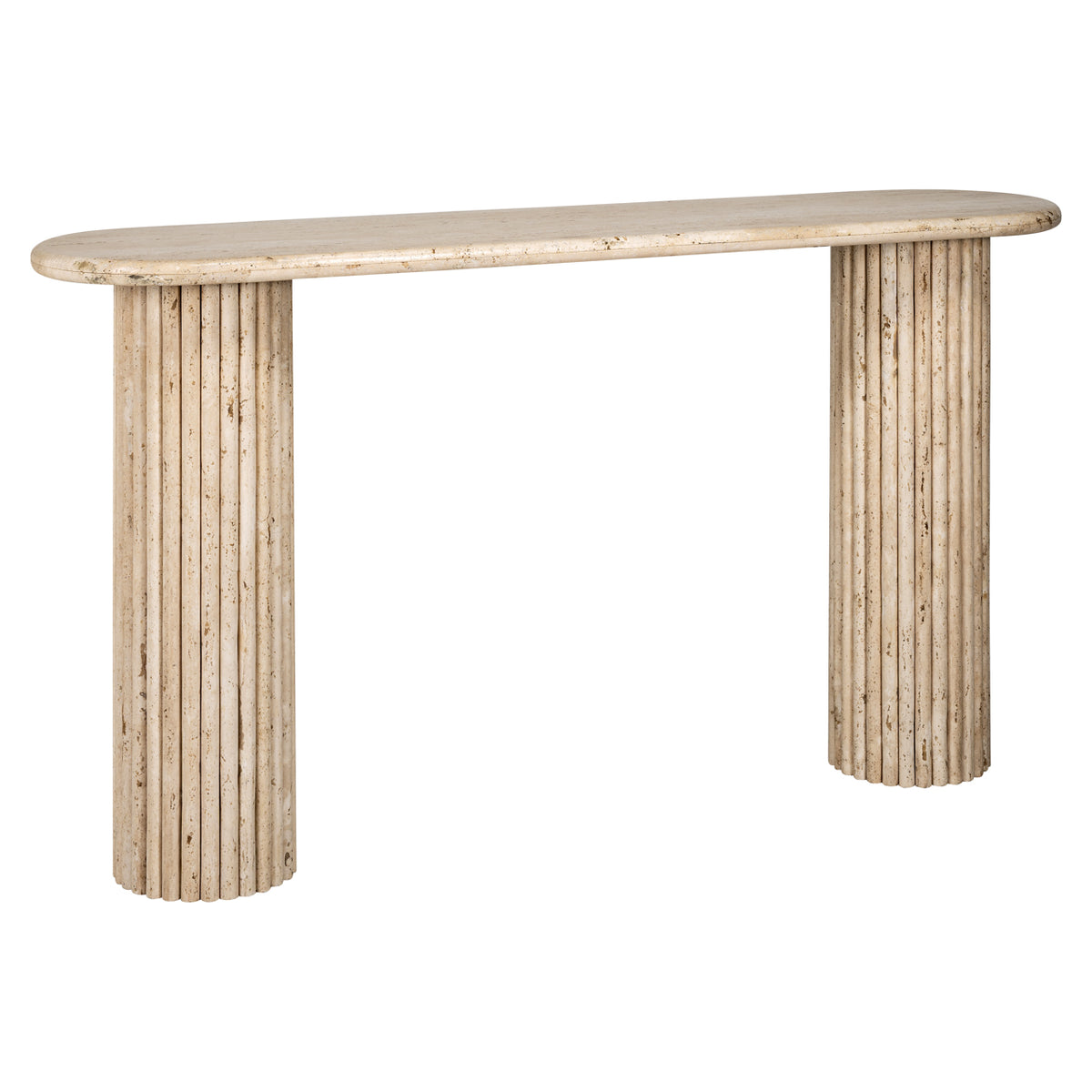 Sidetable La Cantera naturel travertin, schuin vooraanzicht op witte achtergrond