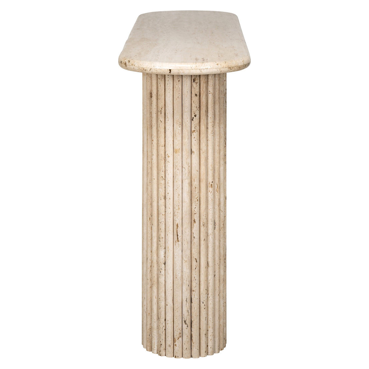Sidetable La Cantera naturel travertin, zijaanzicht op witte achtergrond