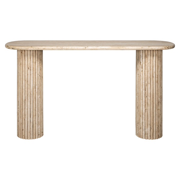 Sidetable La Cantera naturel travertin, vooraanzicht op witte achtergrond