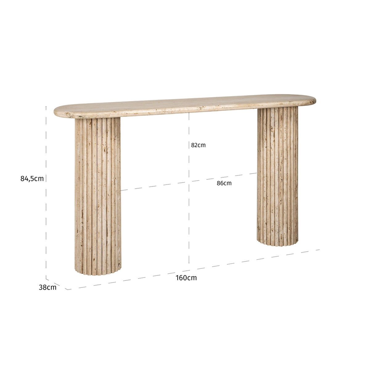 Sidetable La Cantera naturel travertin, maatvoering met afmetingen
