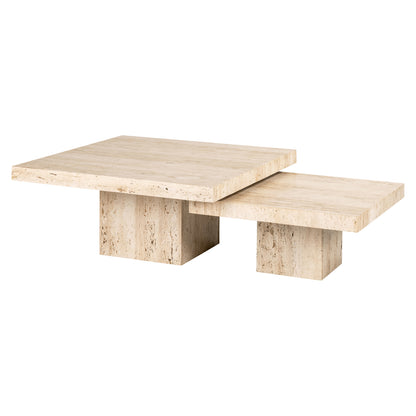 Salontafel La Cantera naturel travertin set van 2, schuin vooraanzicht op witte achtergrond