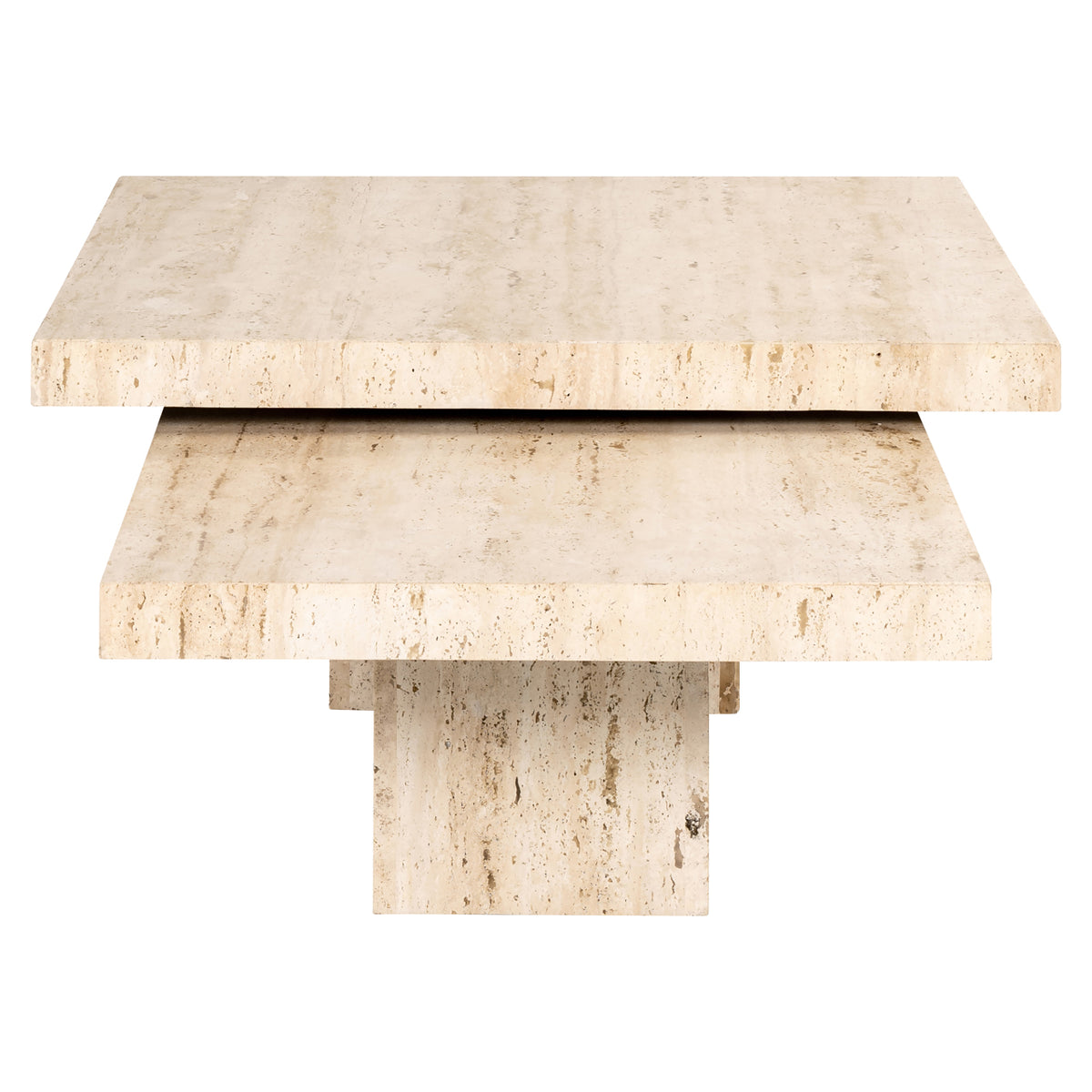 Salontafel La Cantera naturel travertin set van 2, zijaanzicht op witte achtergrond