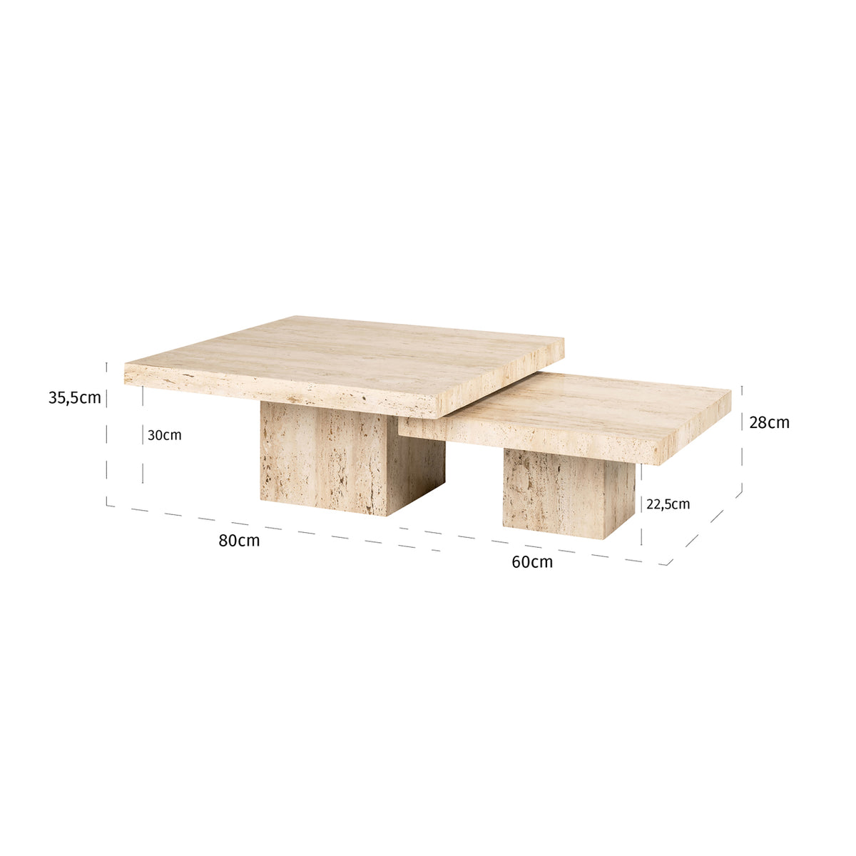 Salontafel La Cantera naturel travertin set van 2, maatvoering met afmetingen