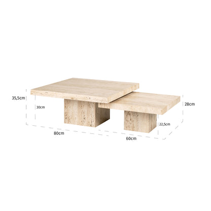 Salontafel La Cantera naturel travertin set van 2, maatvoering met afmetingen