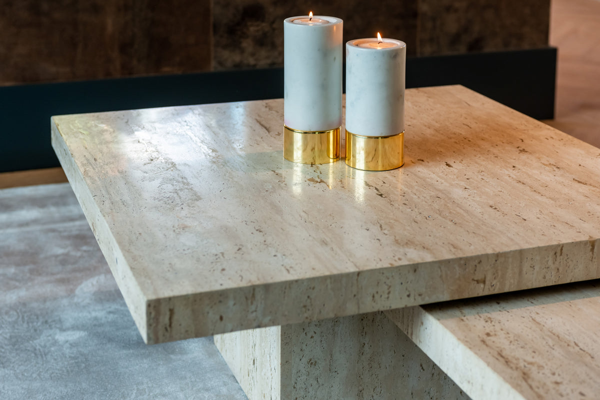 Salontafel La Cantera naturel travertin set van 2, detail van het materiaal