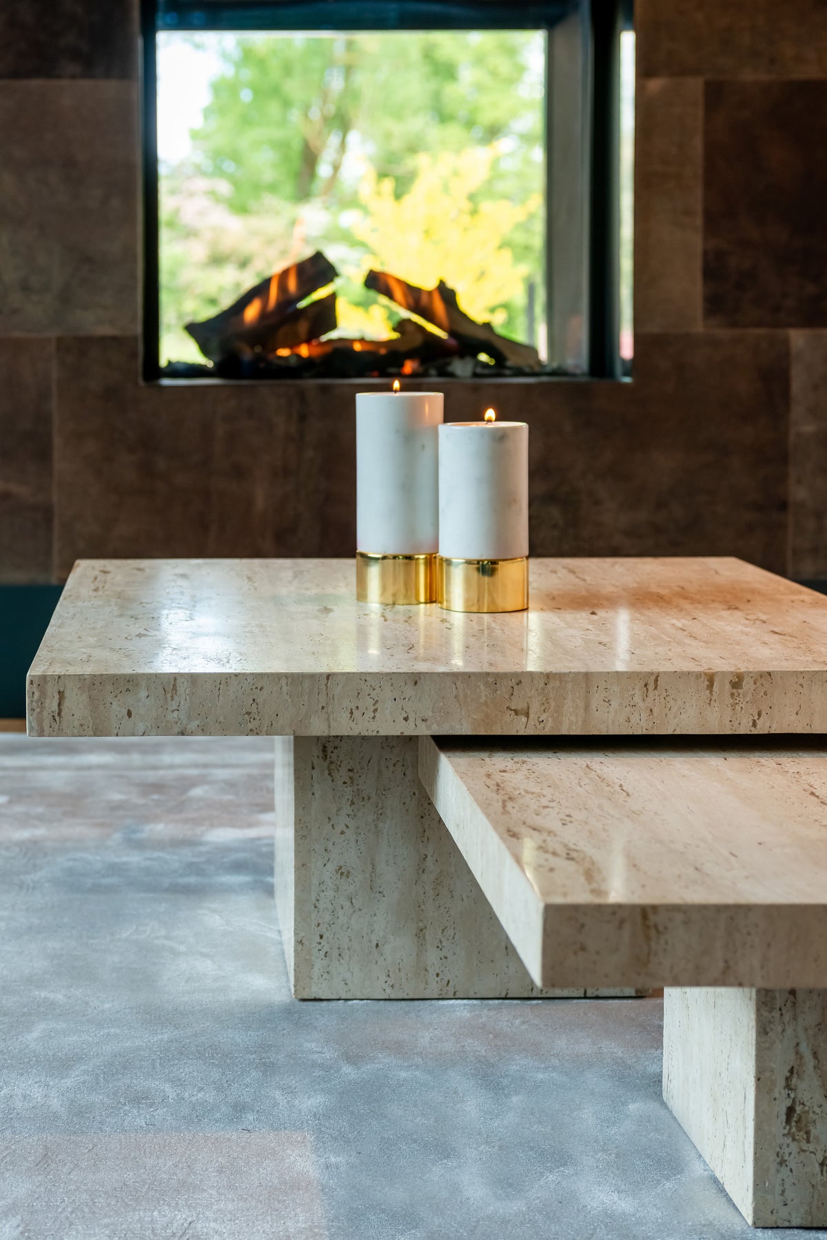 Salontafel La Cantera naturel travertin set van 2, detail van het materiaal