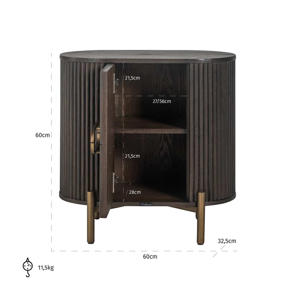 Kabinet Luxor bruin eikenhout, maatvoering met afmetingen