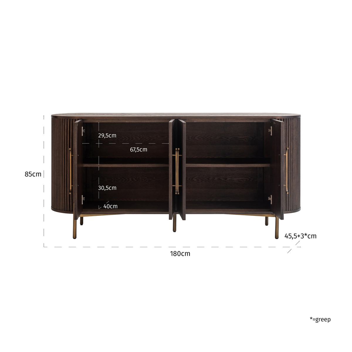 Dressoir Luxor bruin eikenhout, maatvoering met afmetingen