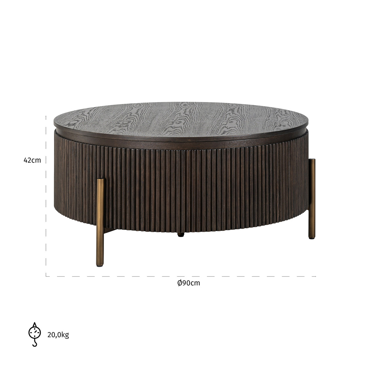 Salontafel Luxor bruin eikenhout, maatvoering met afmetingen