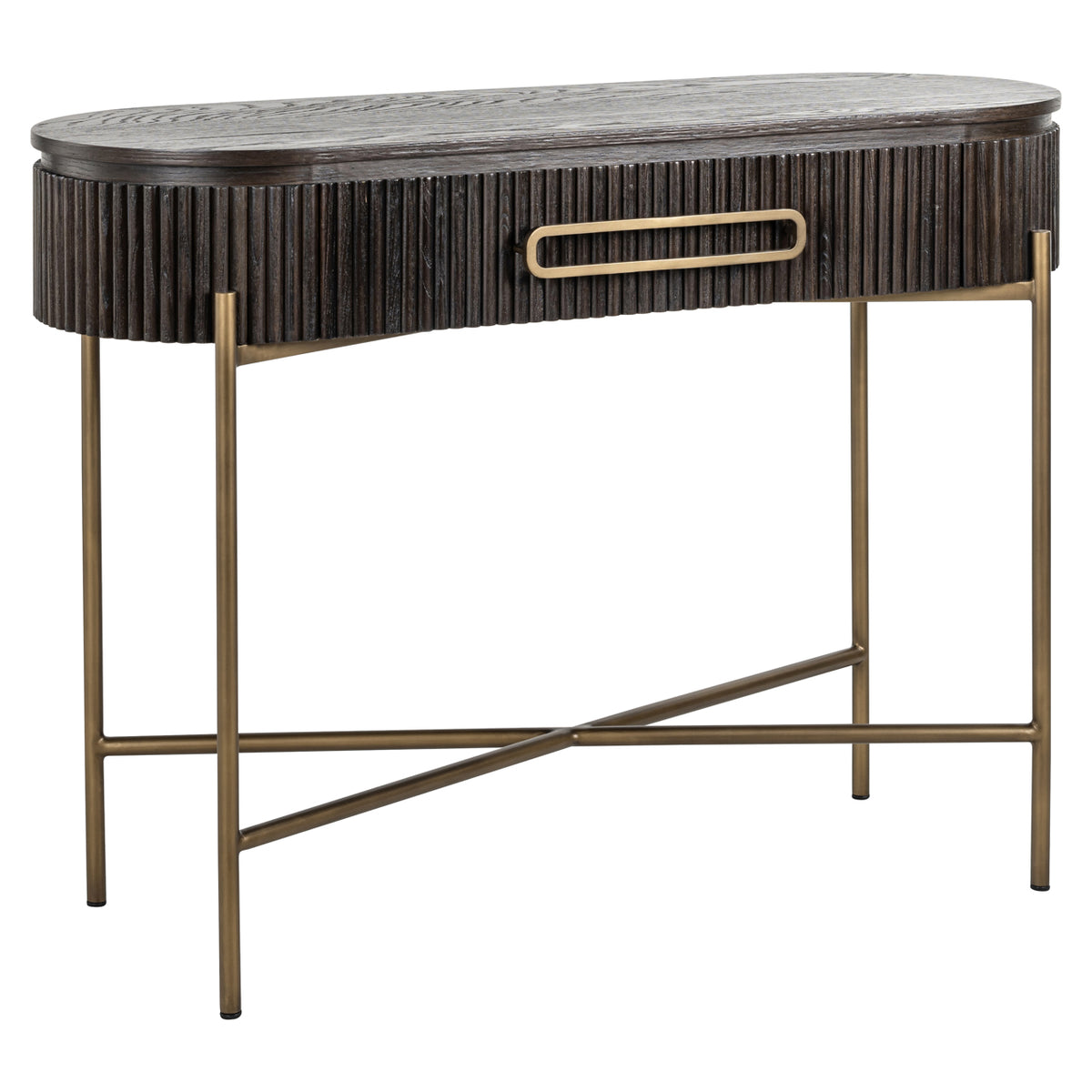 Sidetable Luxor bruin eiken fineer, schuin vooraanzicht op witte achtergrond