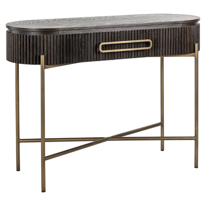 Sidetable Luxor bruin eiken fineer, schuin vooraanzicht op witte achtergrond