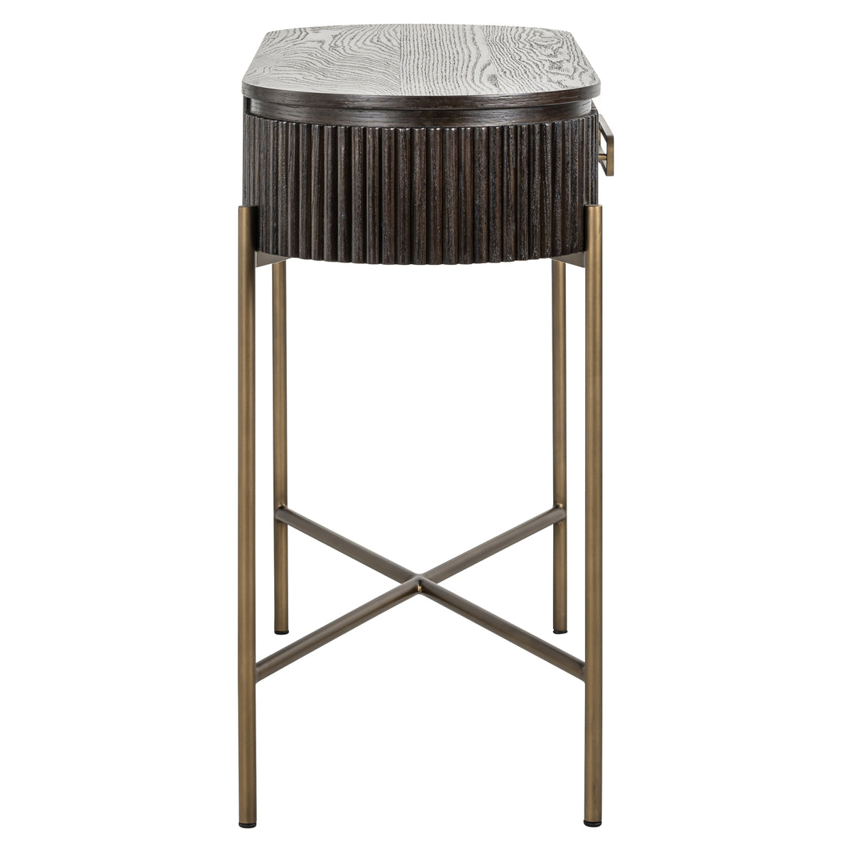 Sidetable Luxor bruin eiken fineer, zijaanzicht op witte achtergrond