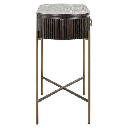 Sidetable Luxor bruin eiken fineer, zijaanzicht op witte achtergrond