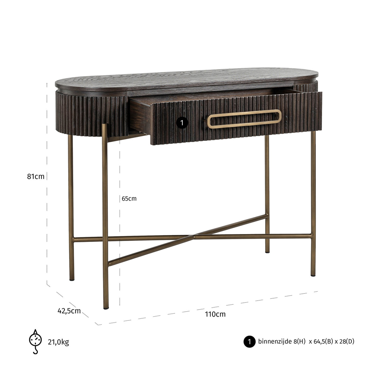 Sidetable Luxor bruin eiken fineer, maatvoering met afmetingen