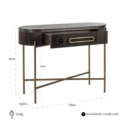 Sidetable Luxor bruin eiken fineer, maatvoering met afmetingen