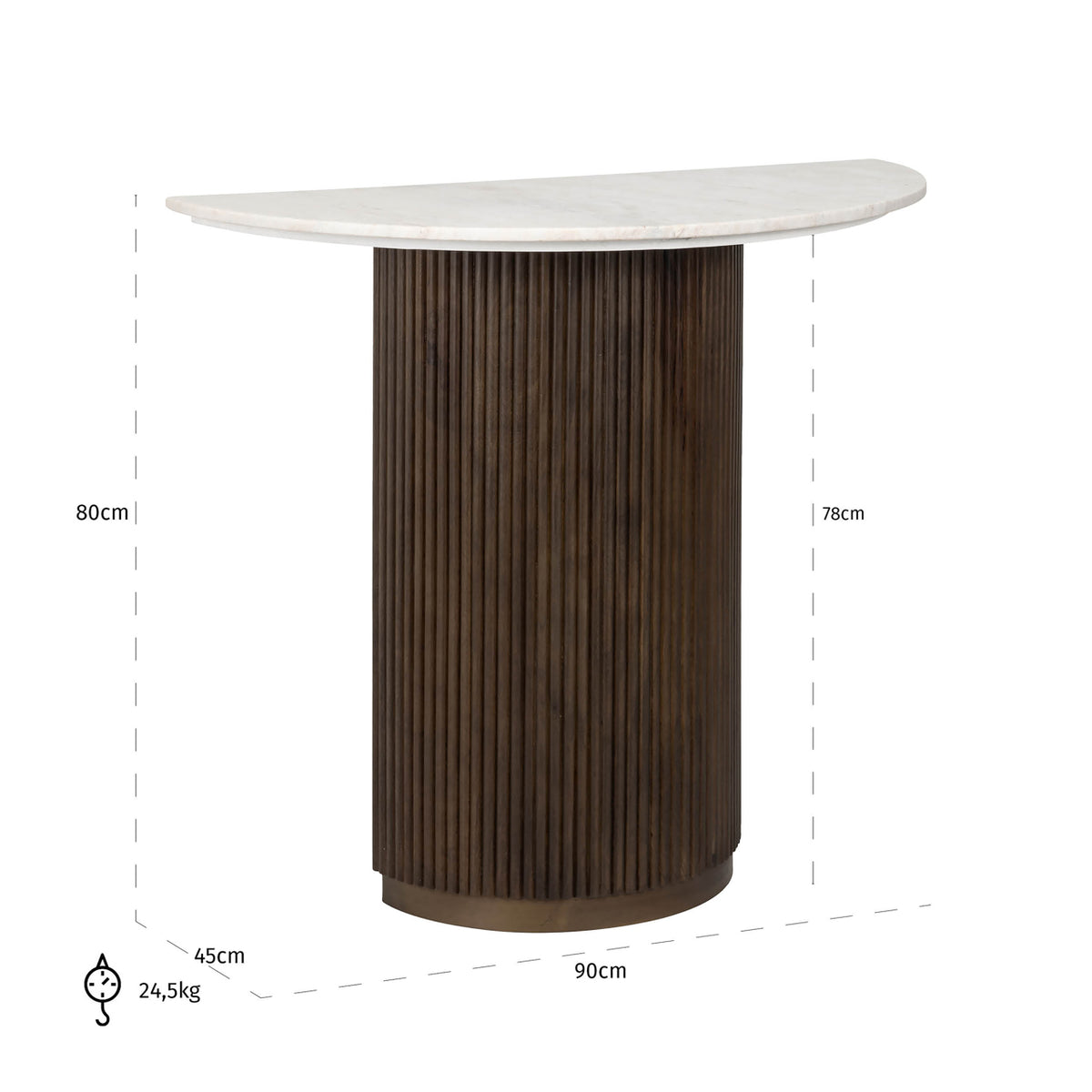 Wandtafel Mayfield wit marmer, maatvoering met afmetingen