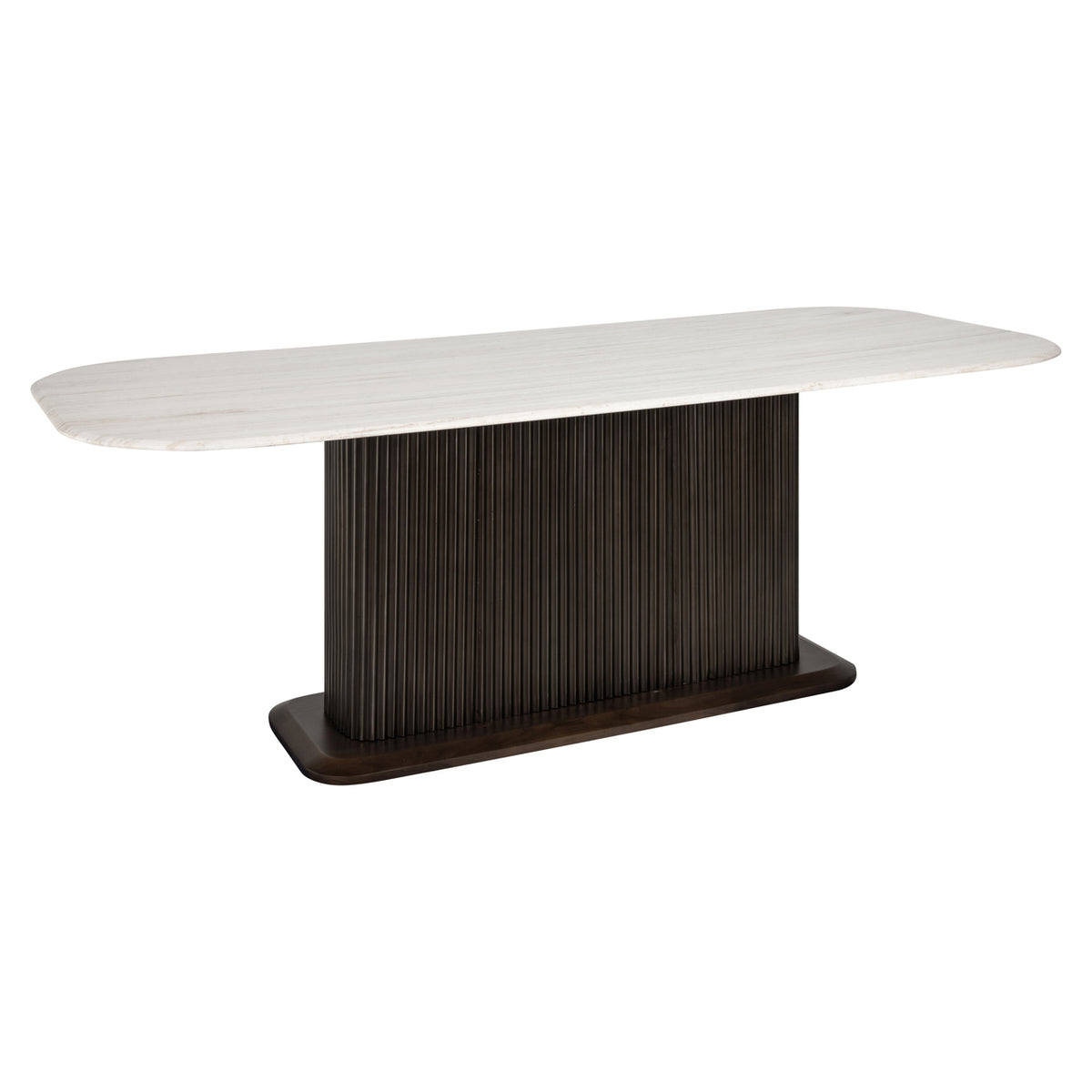 Eettafel Mayfield bruin metaal 230 cm, schuin vooraanzicht op witte achtergrond