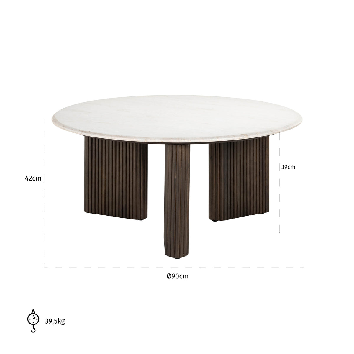 Salontafel Mayfield bruin mangohout wit marmer, maatvoering met afmetingen