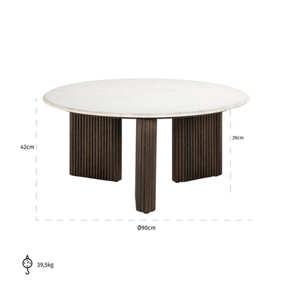 Salontafel Mayfield bruin mangohout wit marmer, maatvoering met afmetingen