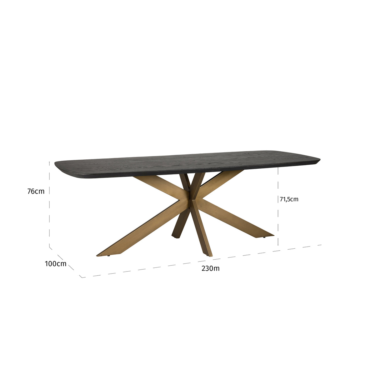 Eettafel Cambon donkerbruin eiken fineer 230 cm, maatvoering met afmetingen