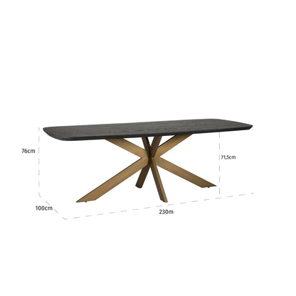 Eettafel Cambon donkerbruin eiken fineer 230 cm, maatvoering met afmetingen