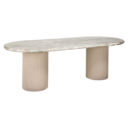 Eettafel Coronel beige mdf, schuin vooraanzicht op witte achtergrond