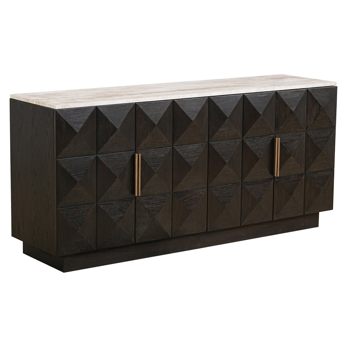 Dressoir Claremont bruin eikenhout 170 cm, schuin vooraanzicht op witte achtergrond