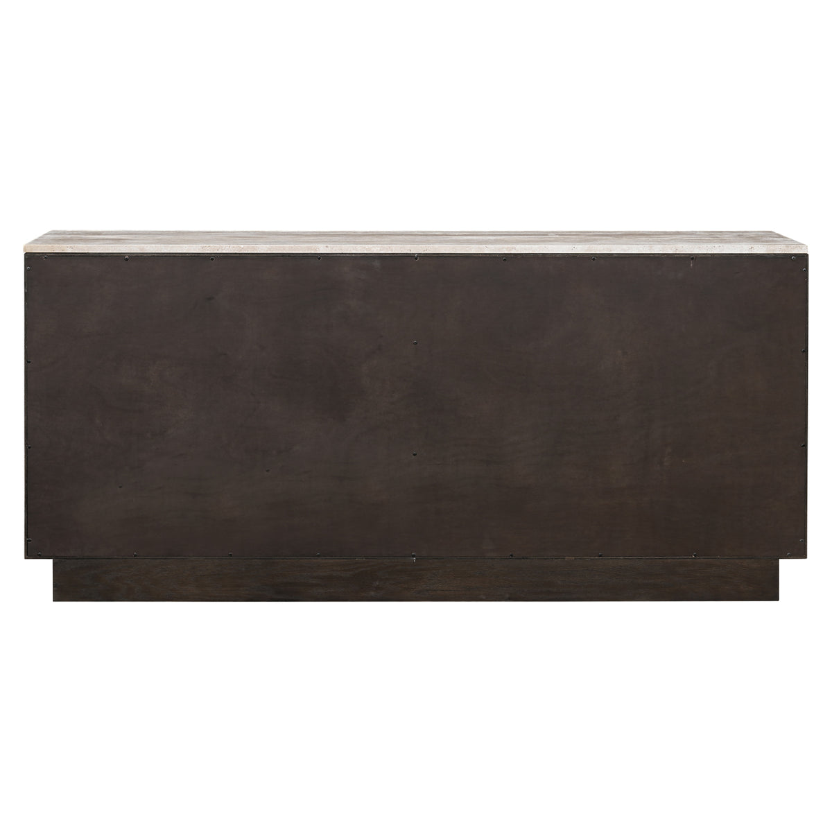 Dressoir Claremont bruin eikenhout 170 cm, achteraanzicht op witte achtergrond