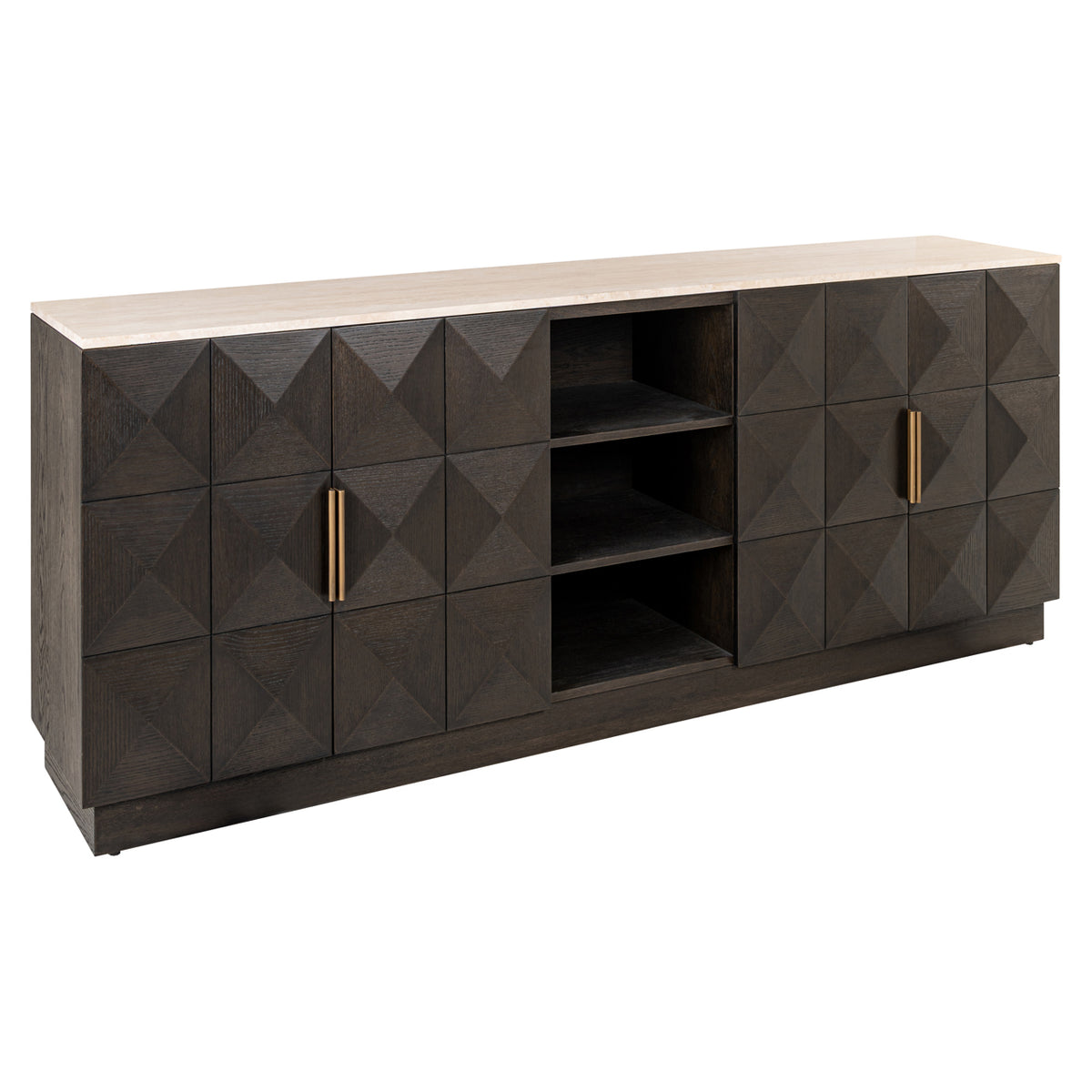Dressoir Claremont bruin travertin 225 cm, schuin vooraanzicht op witte achtergrond