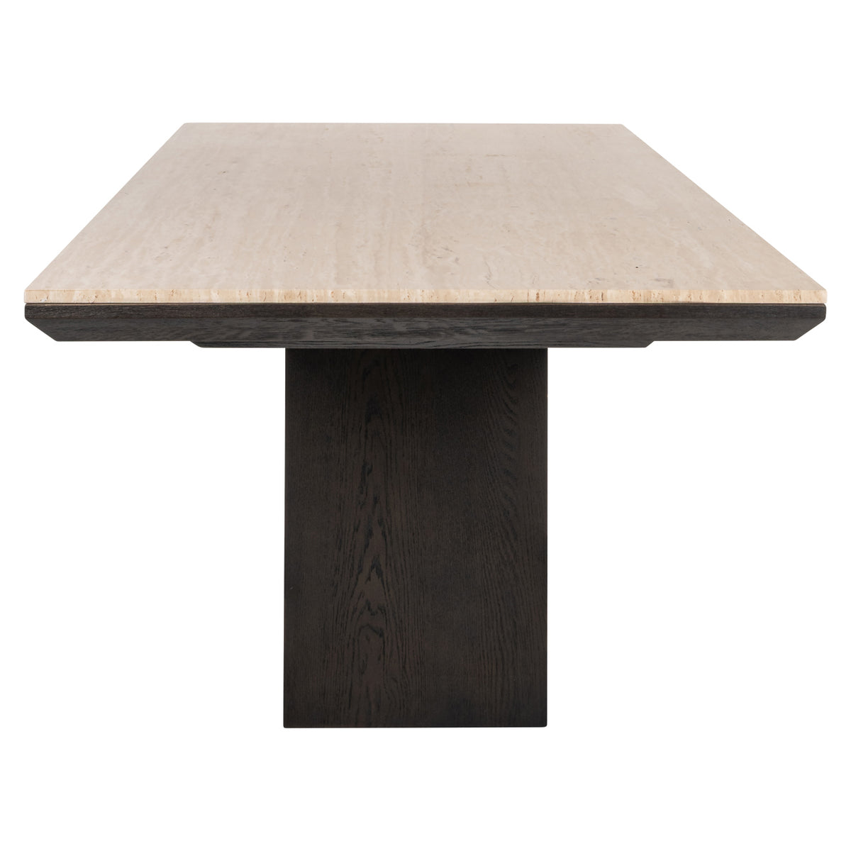 Eettafel Claremont bruin travertin, zijaanzicht op witte achtergrond