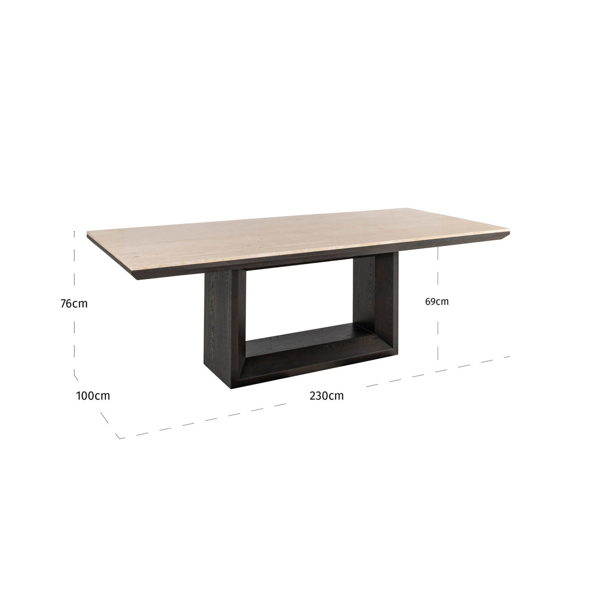 Eettafel Claremont bruin travertin, maatvoering met afmetingen