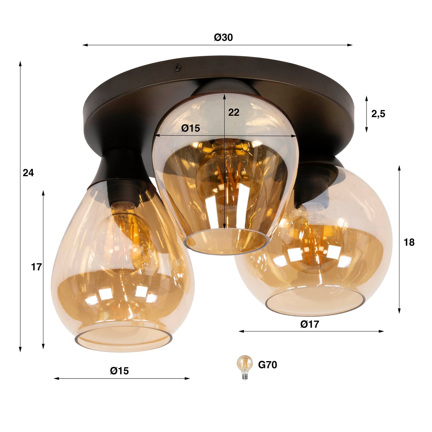 Plafondlamp Mix | 3 Lichts | Glas Oranje