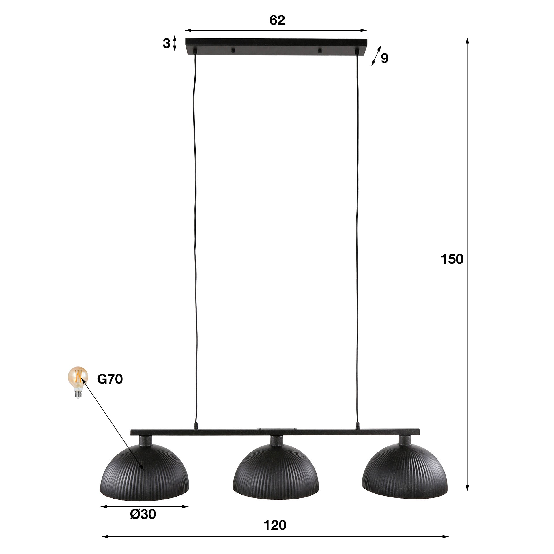 Hanglamp 3L Ribbel | Zwart Metaal