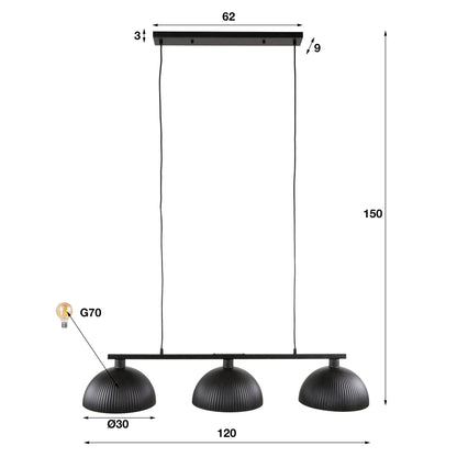 Hanglamp 3L Ribbel | Zwart Metaal