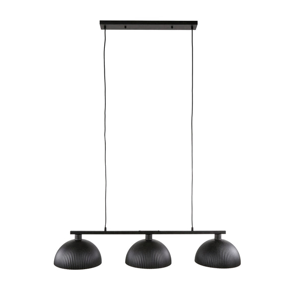 Hanglamp 3L Ribbel zwart metaal, vooraanzicht op witte achtergrond