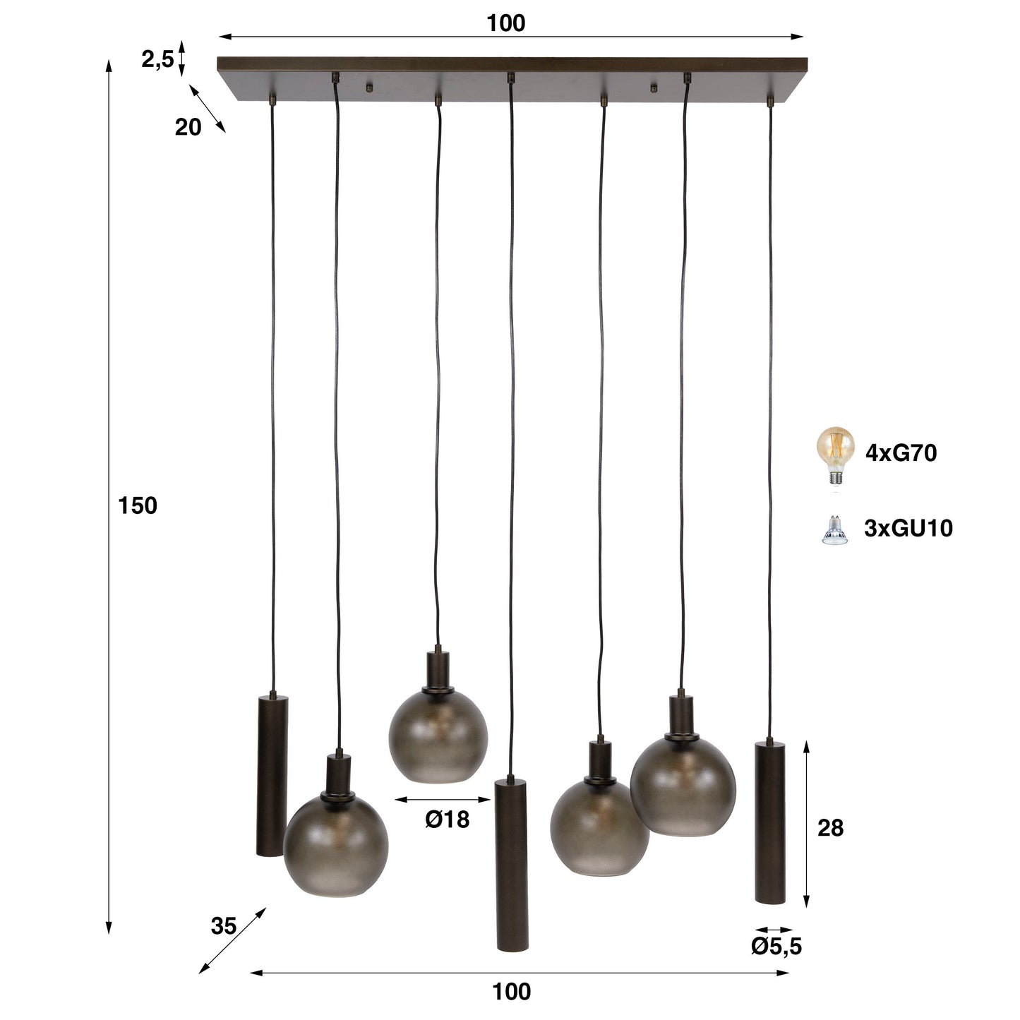 Hanglamp Sfera Tricolore | 7 lichts | Sienna Bruin Frosted