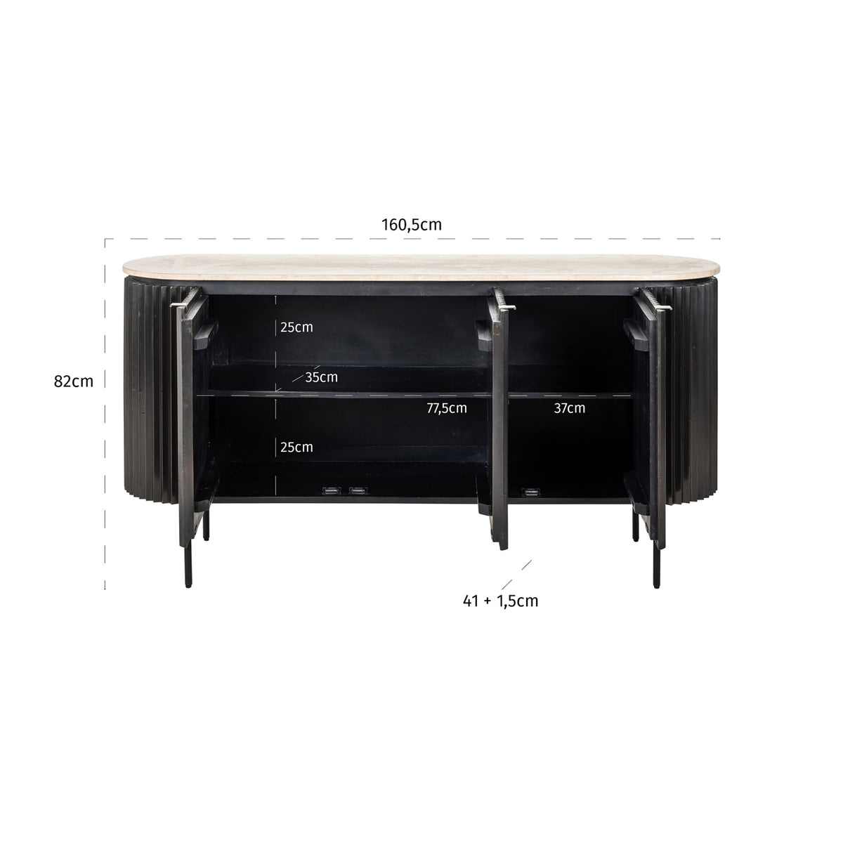 Dressoir Hampton zwart travertin, maatvoering met afmetingen