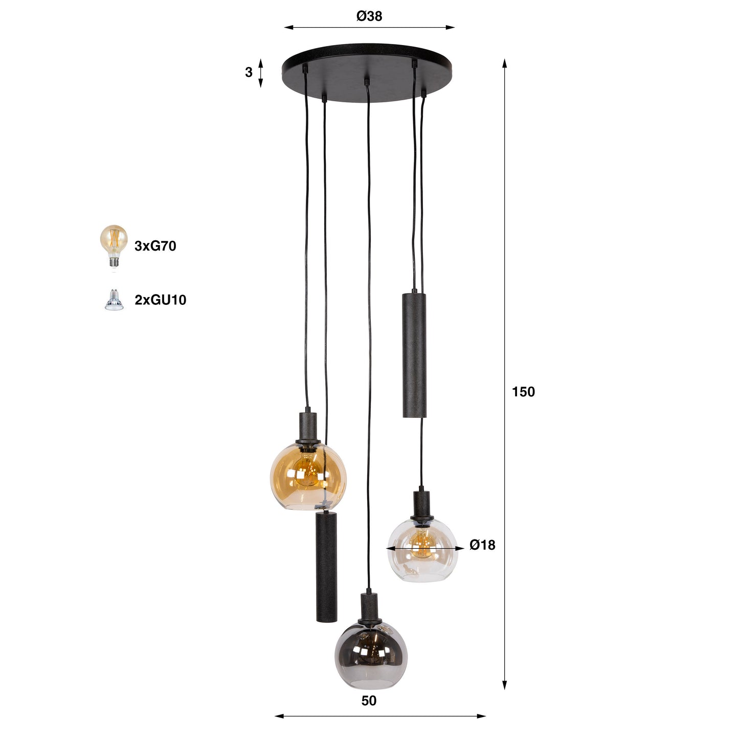 Hanglamp Sfera Tricolore | 5 Lichts | Zwart