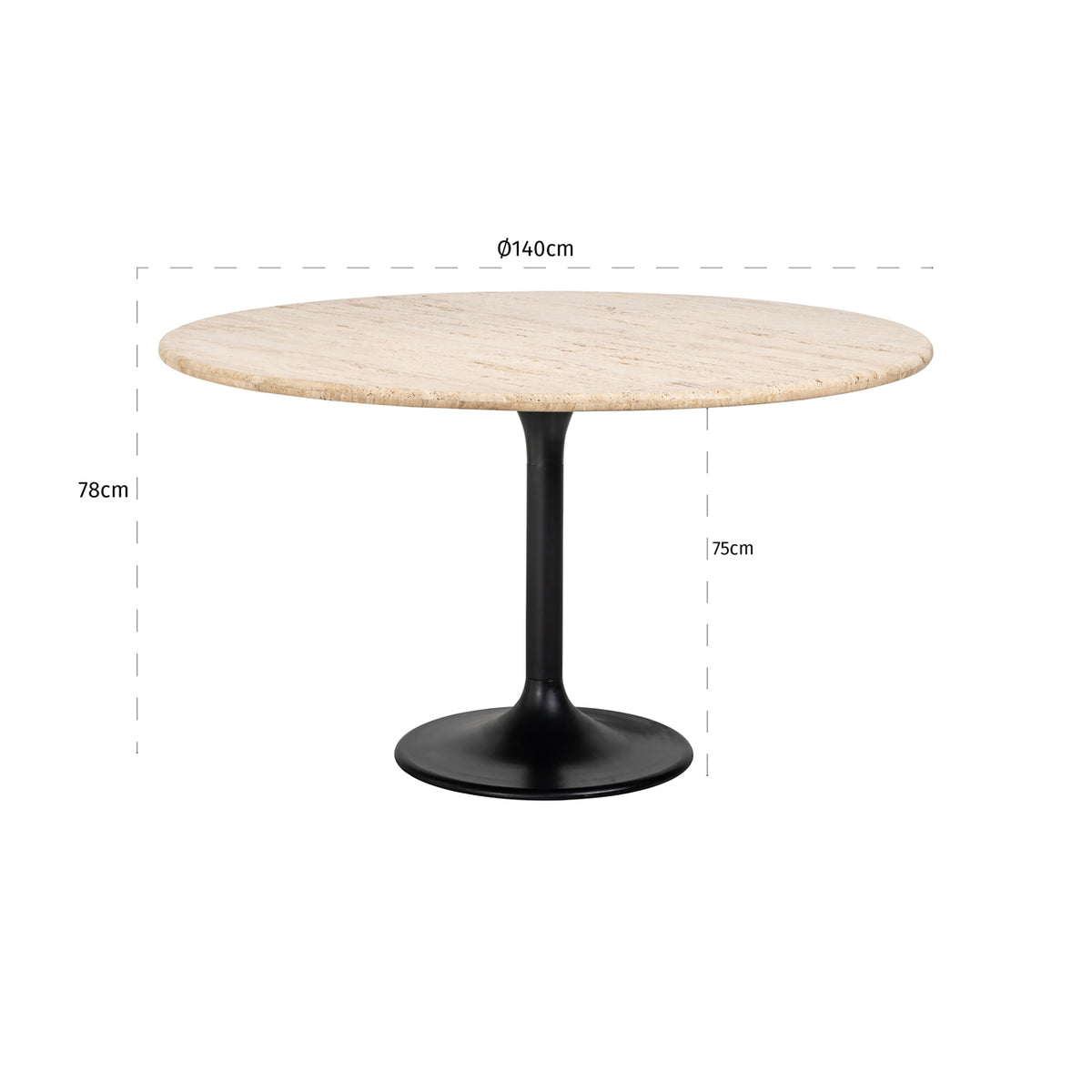 Eettafel Hampton 140ø travertin, maatvoering met afmetingen