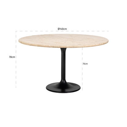 Eettafel Hampton 140ø travertin, maatvoering met afmetingen