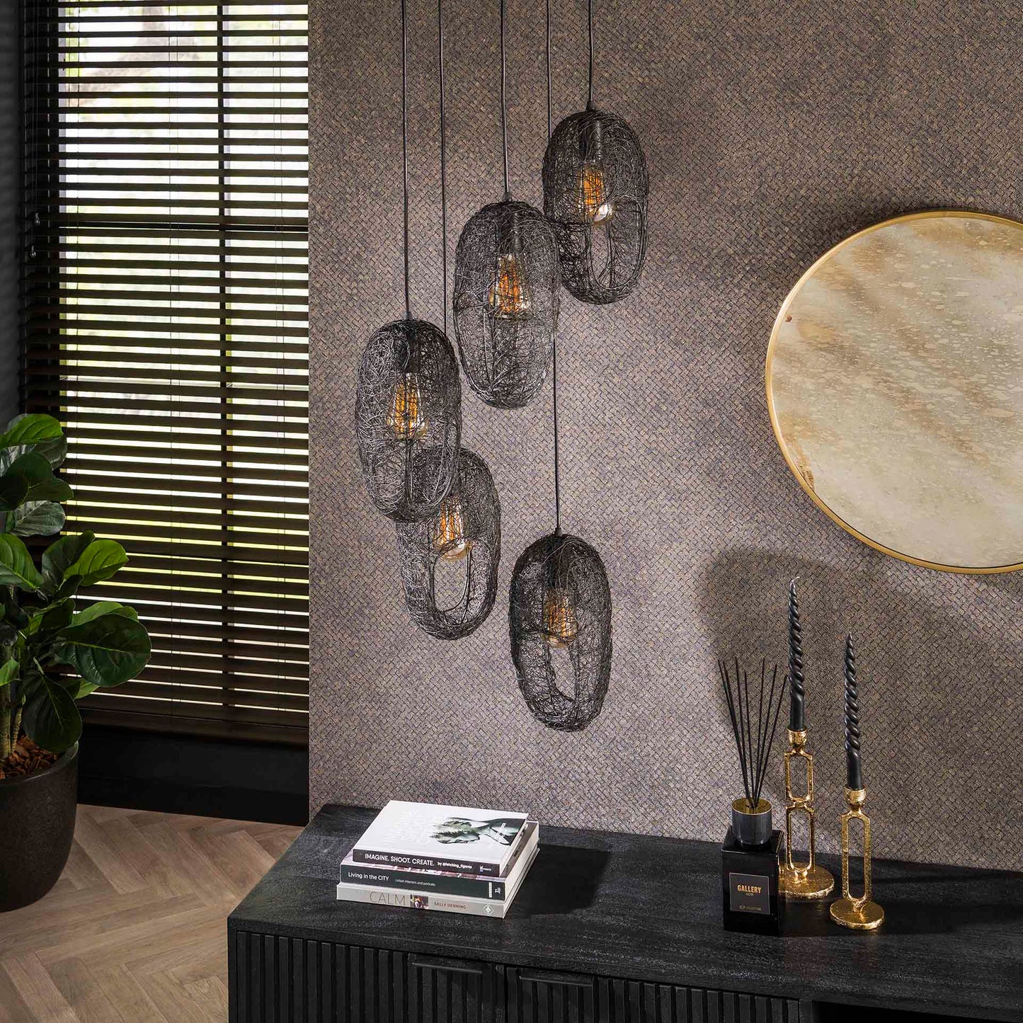 Hanglamp 5L Open Oog | Zwart Metaal