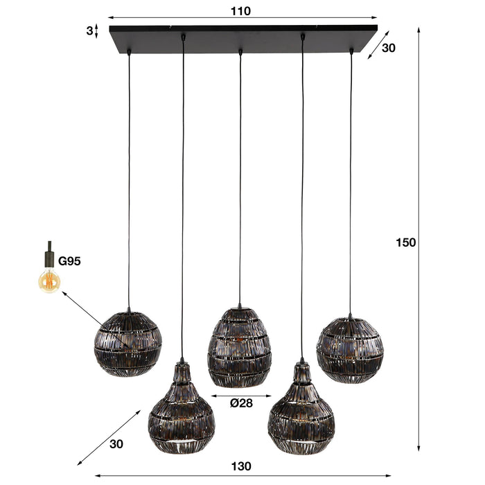 Hanglamp 5L Strip Multi Shade | Zwart Brandstaal